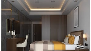 Une chambre moderne avec un grand lit, des tables de chevet, un bureau et un miroir.