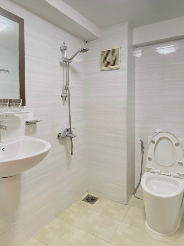 Ducha, secador de pelo, toallas, jabón