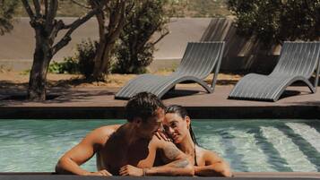 Seasonal outdoor pool, pool loungers