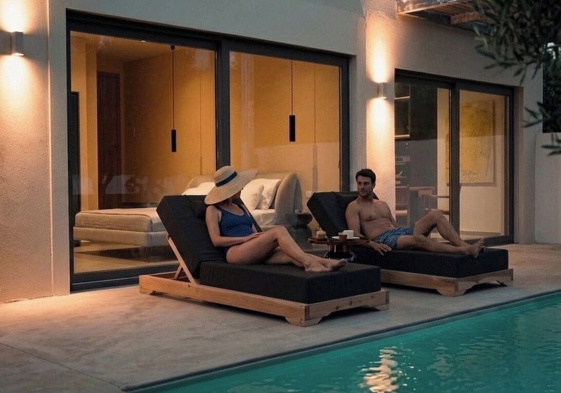 Seasonal outdoor pool, sun loungers