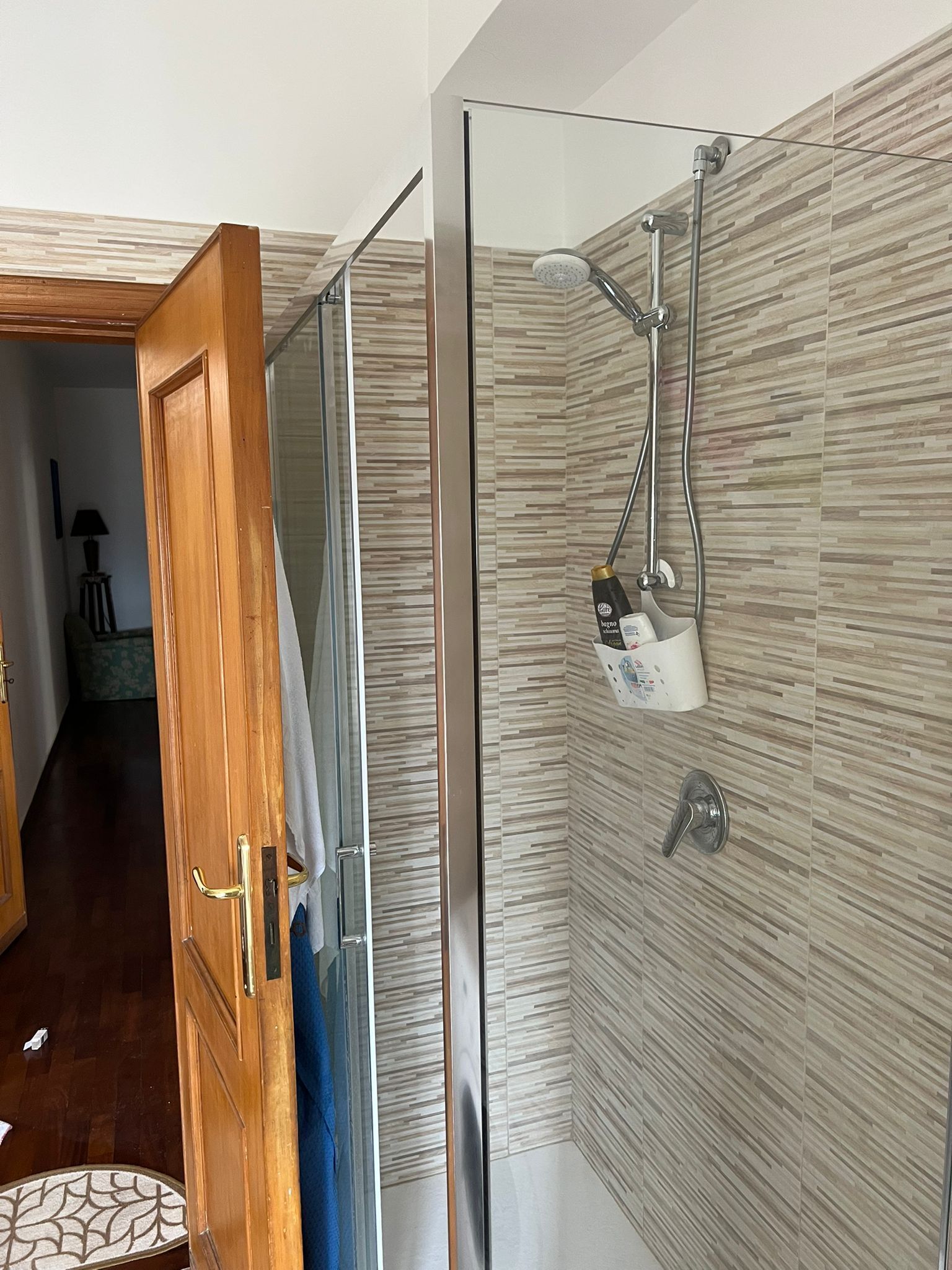 A modern bathroom with a glass shower enclosure, a wooden door, and a patterned tile wall.