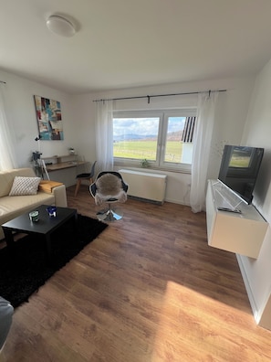 A modern living room with a sofa, a coffee table, a chair, a TV, and a large window with a view of a field. - 2 room apartment with far-reaching views in Meschede / Sauerland (Meschede)