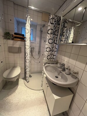 Shower, hair dryer, towels, soap