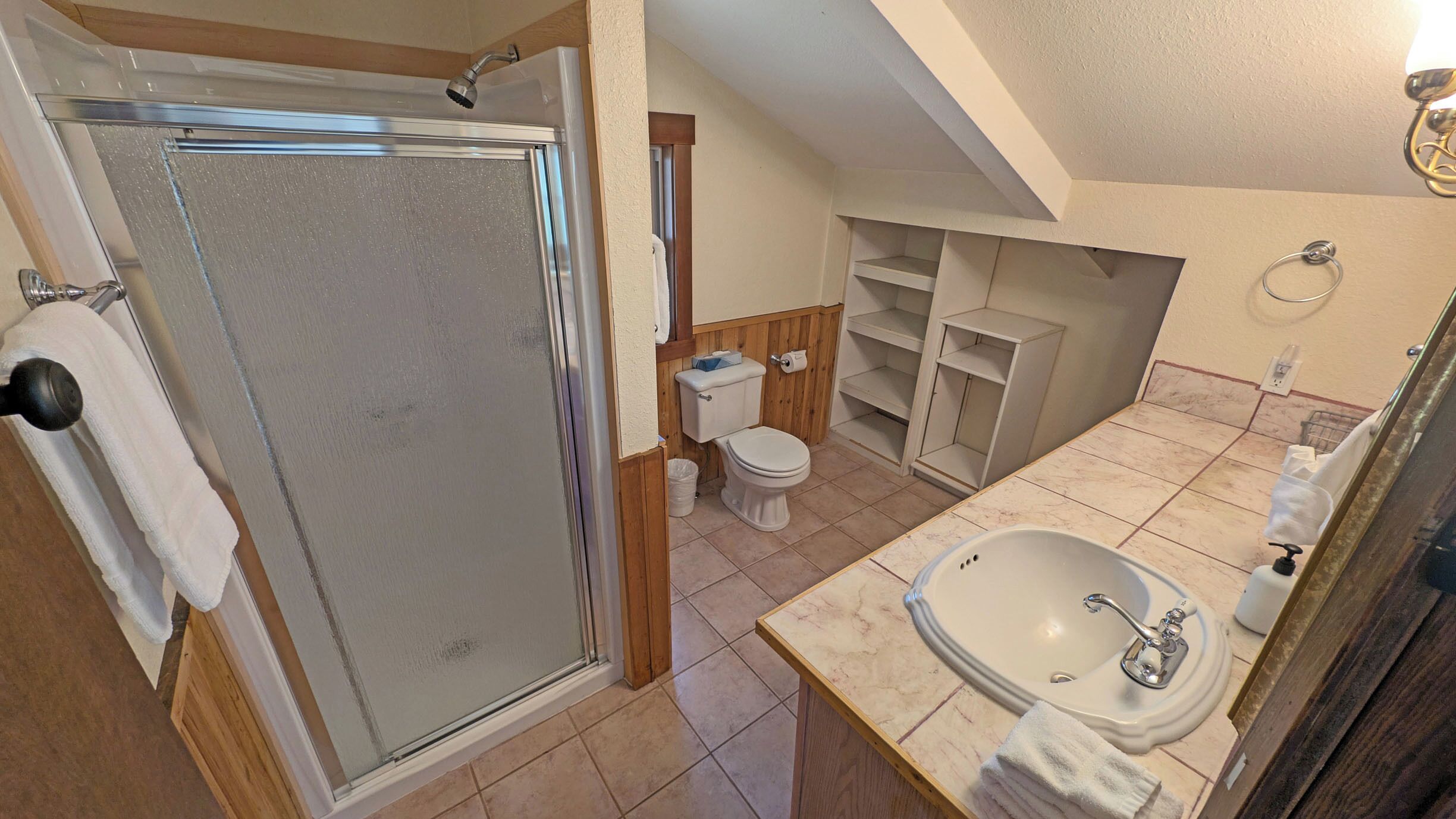 Une salle de bain avec une douche à parois de verre, des toilettes, un lavabo et des étagères en bois.
