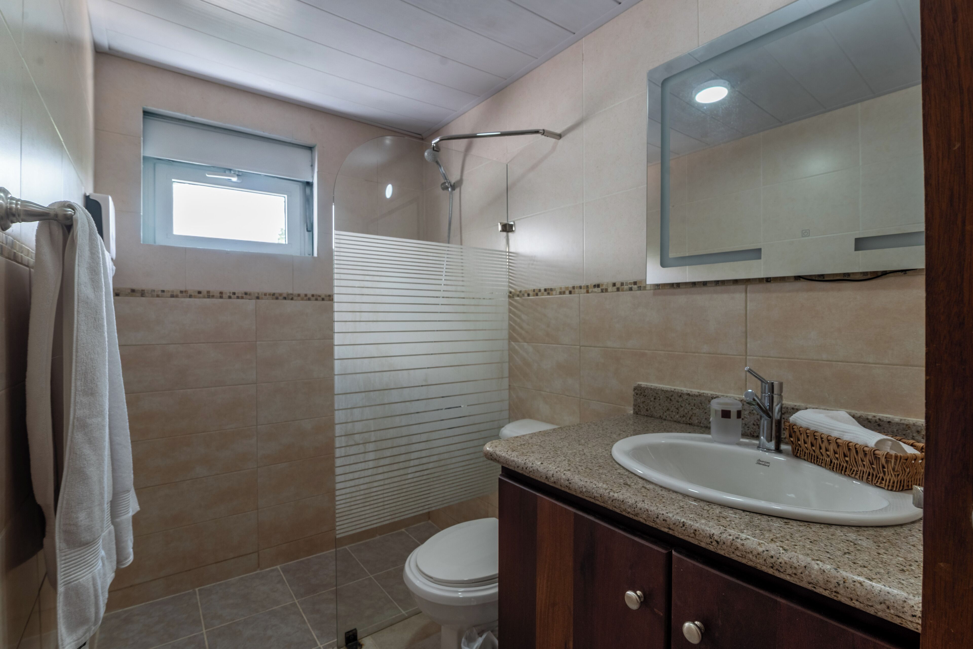 Une salle de bain équipée de toilettes, d’un lavabo et d’une douche.