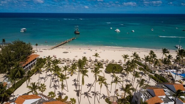A beach with palm trees, a pier, and boats in the water.