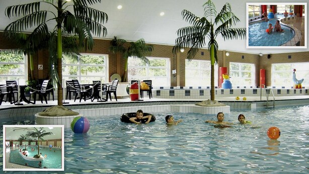 Una piscina interna con diverse corsie, palme e un'area relax con tavoli e sedie.