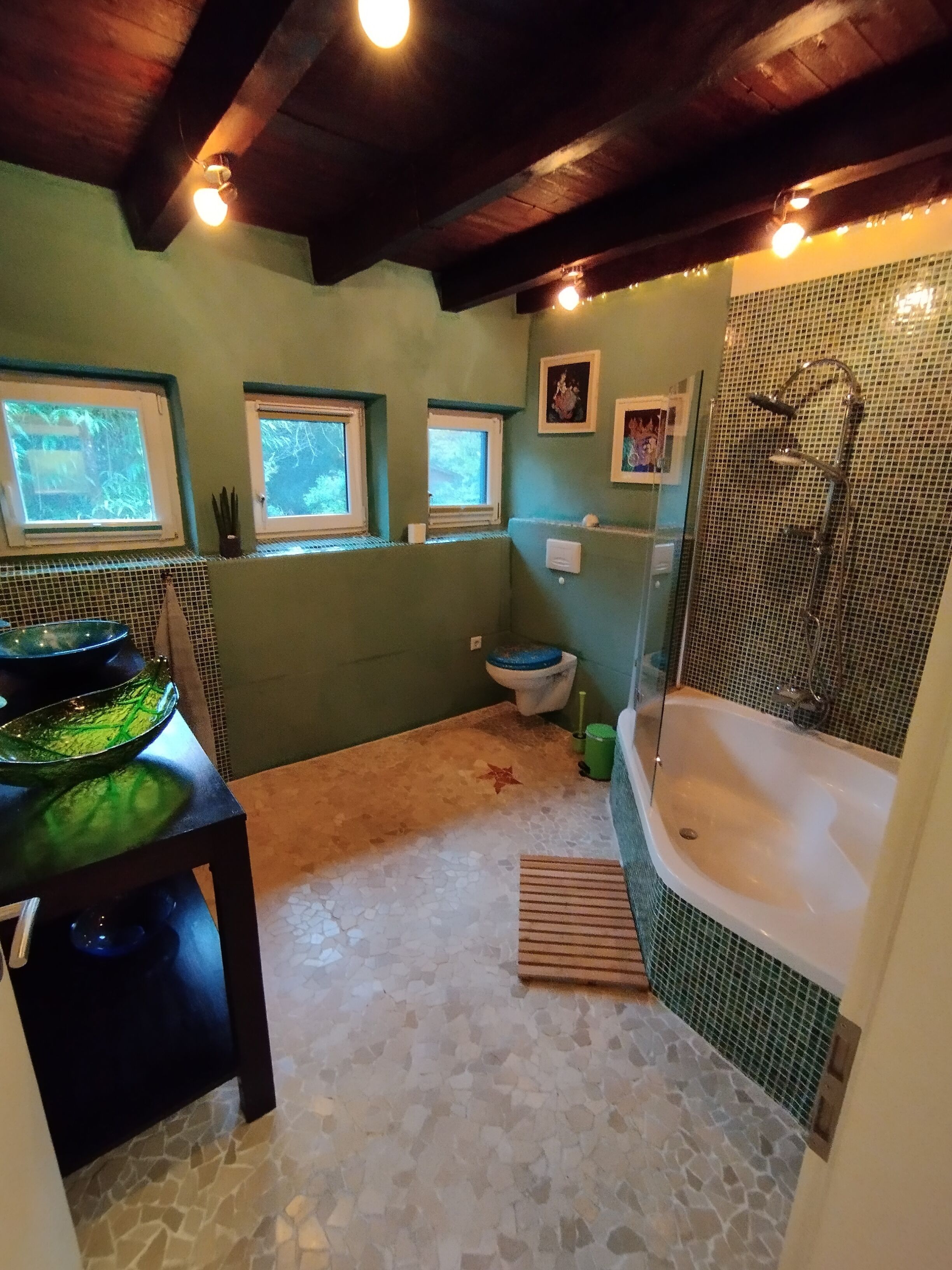 Hair dryer, towels, soap, toilet paper