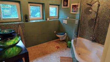 Hair dryer, towels, soap, toilet paper