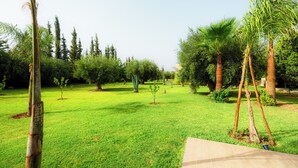 Un jardín bien cuidado con varios árboles y una terraza de madera.