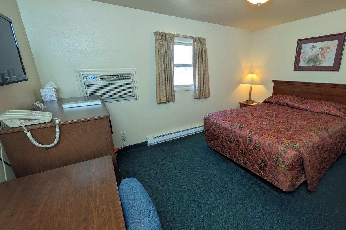 Une chambre d’hôtel comprenant un lit, un bureau avec un téléphone, un appareil de climatisation, une fenêtre avec des rideaux, une lampe de chevet et un tableau encadré au mur.