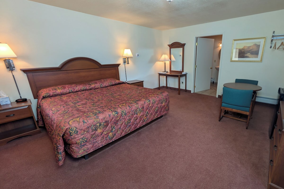 Une chambre d’hôtel avec un grand lit, des lampes de chevet, un bureau avec une chaise, une télévision et un porte-manteau avec des cintres.