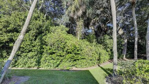 A well-maintained garden with a variety of trees and shrubs, a neatly trimmed lawn, and a clear pathway.