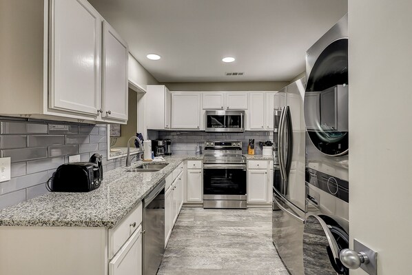 Fridge, microwave, dishwasher, coffee/tea maker