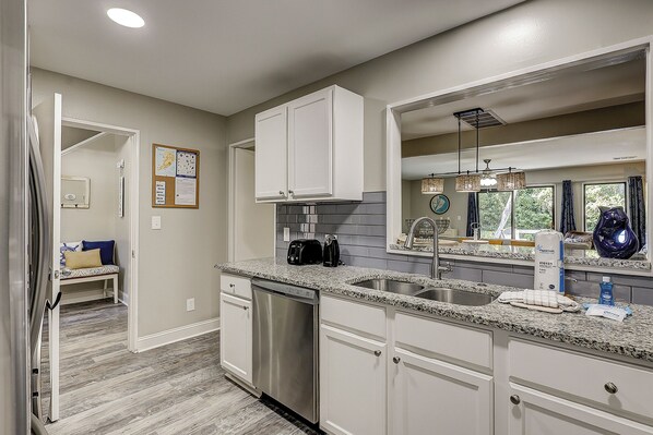 Fridge, microwave, dishwasher, coffee/tea maker