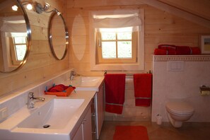 Hair dryer, towels, toilet paper