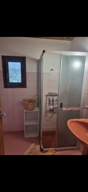 Shower, towels, soap, toilet paper