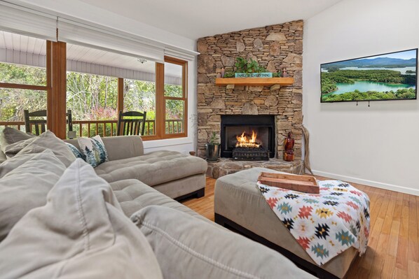 スマートテレビ、暖炉、書庫