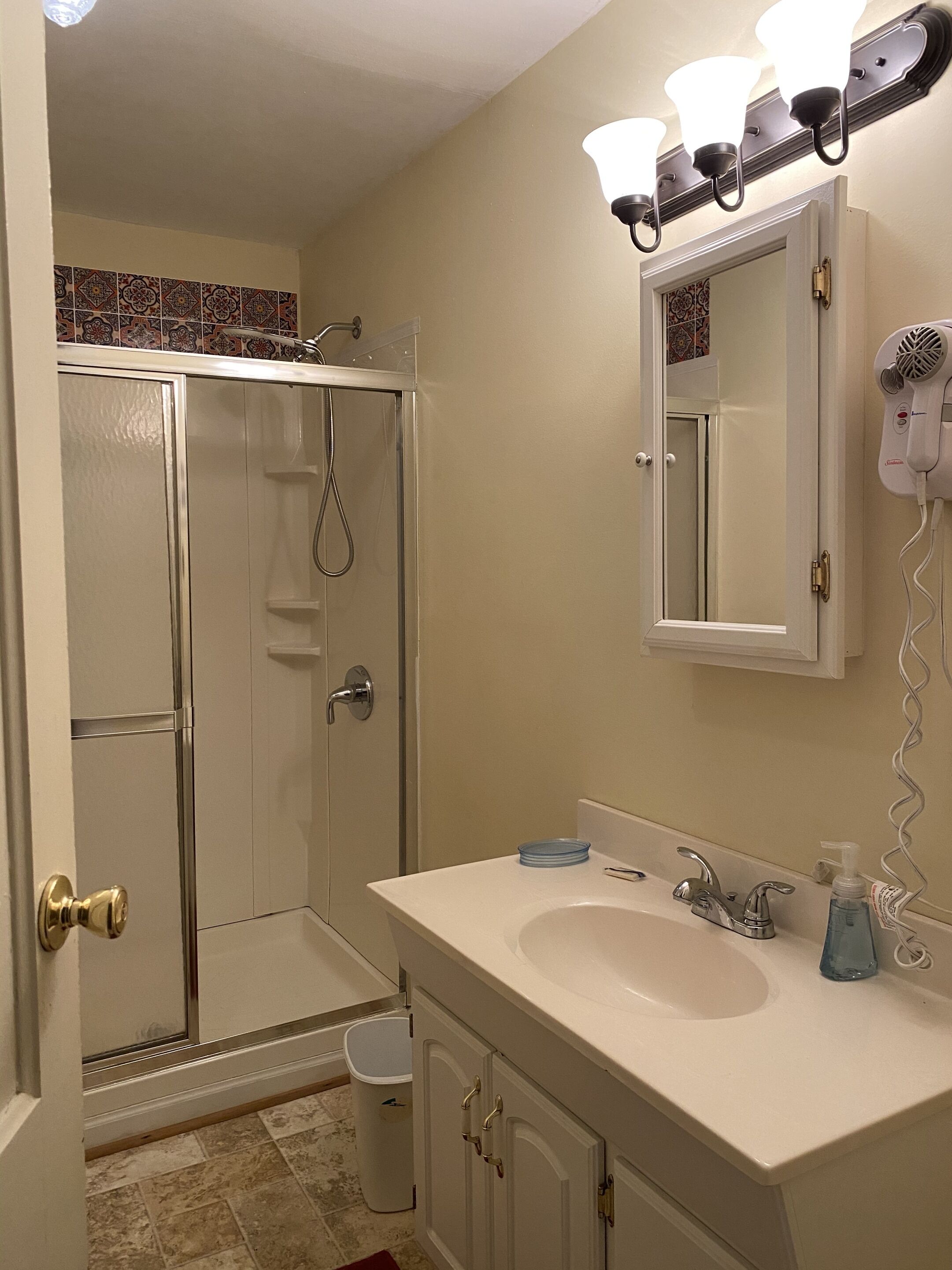 A bathroom with a shower, sink, and hairdryer.