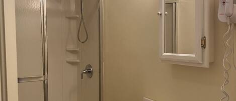 A bathroom with a shower, sink, and hairdryer.