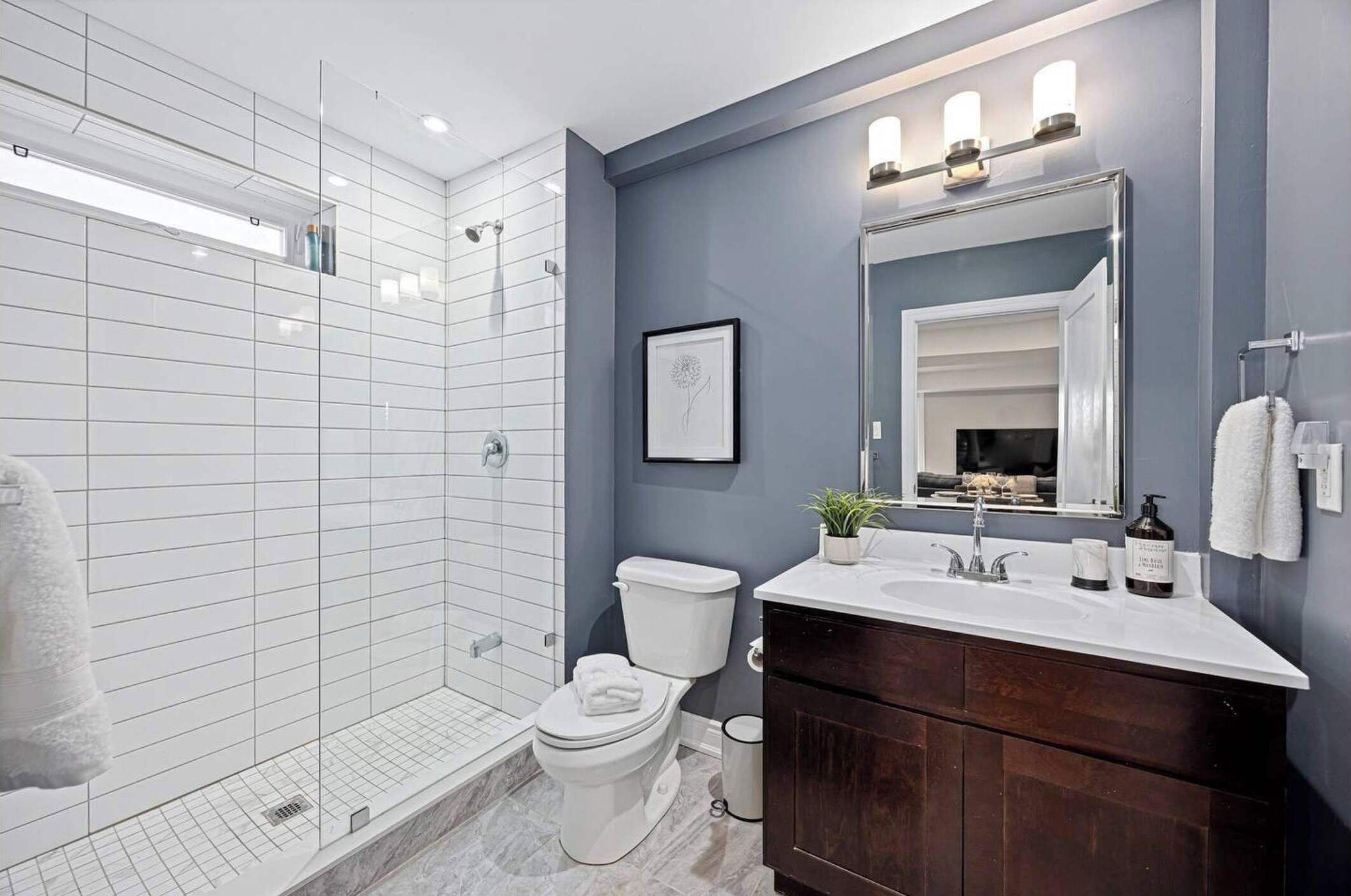 A modern bathroom with a walk-in shower, a toilet, a sink with a mirror, and a framed picture on the wall.