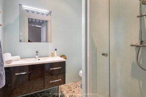 Shower, hair dryer, towels