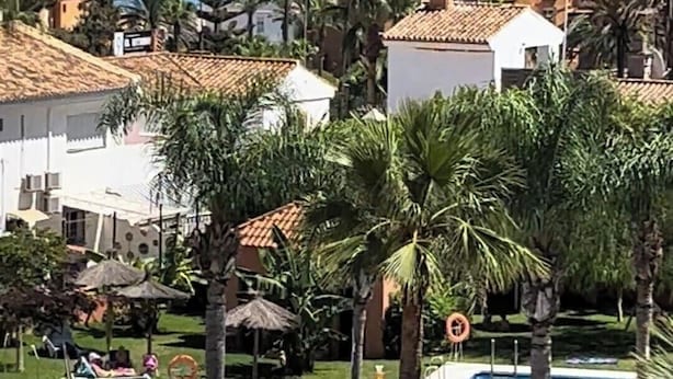 Un resort con piscina rodeada de palmeras y vista al océano.