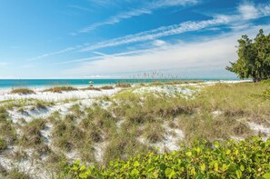 A beach with white sand and sparse vegetation.