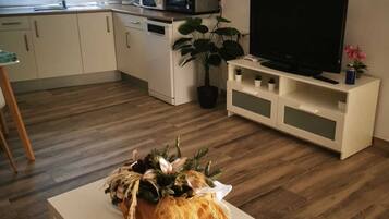 Fridge, microwave, stovetop, cookware/dishes/utensils