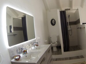 Hair dryer, towels, soap, toilet paper