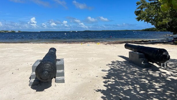 Dos cañones en una playa arenosa, con un cielo azul despejado y un mar tranquilo al fondo.