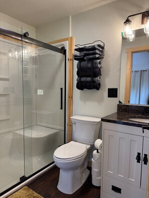 A modern bathroom with a glass shower enclosure, a toilet, and a towel rack. - Riverfront Bear Cabin (Paris)