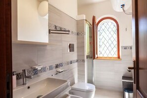Shower, hair dryer, bidet, towels