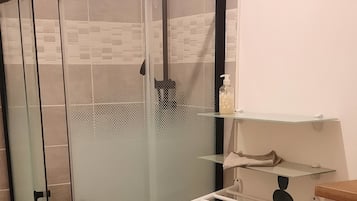 Shower, hair dryer, soap, toilet paper