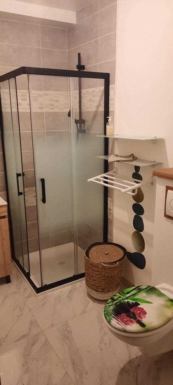 Douche, sĂšche-cheveux, savon, papier toilette