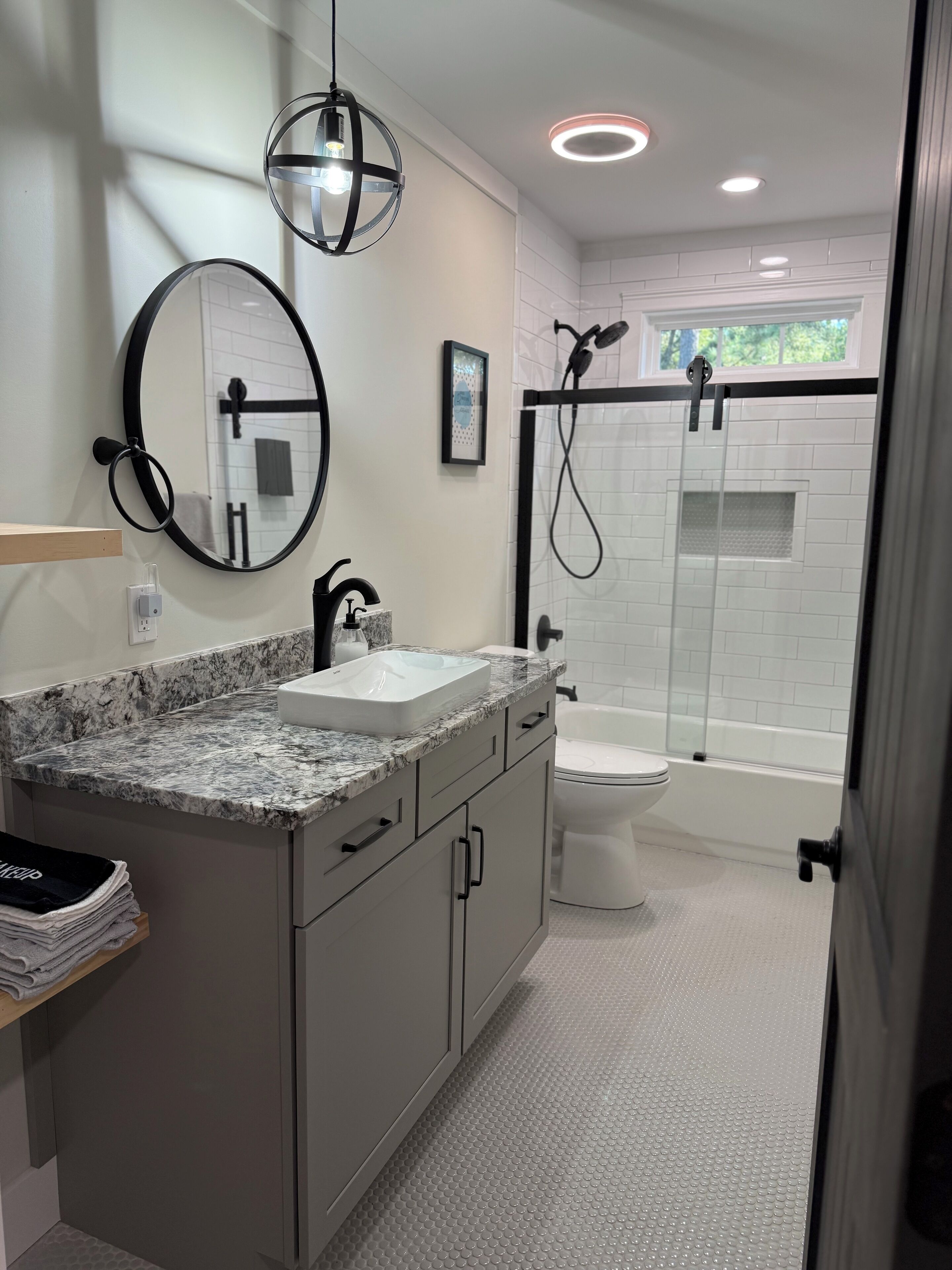 Hair dryer, towels, soap, shampoo