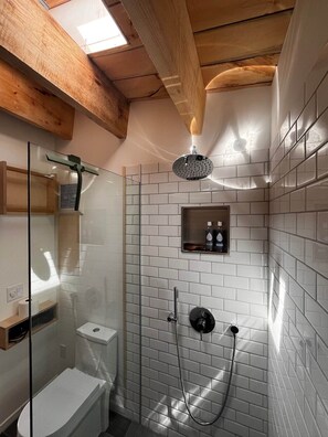 Hair dryer, towels, soap, toilet paper