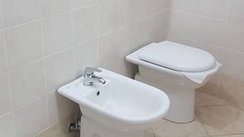 Chuveiro, secador de cabelo, bidê, toalhas de banho