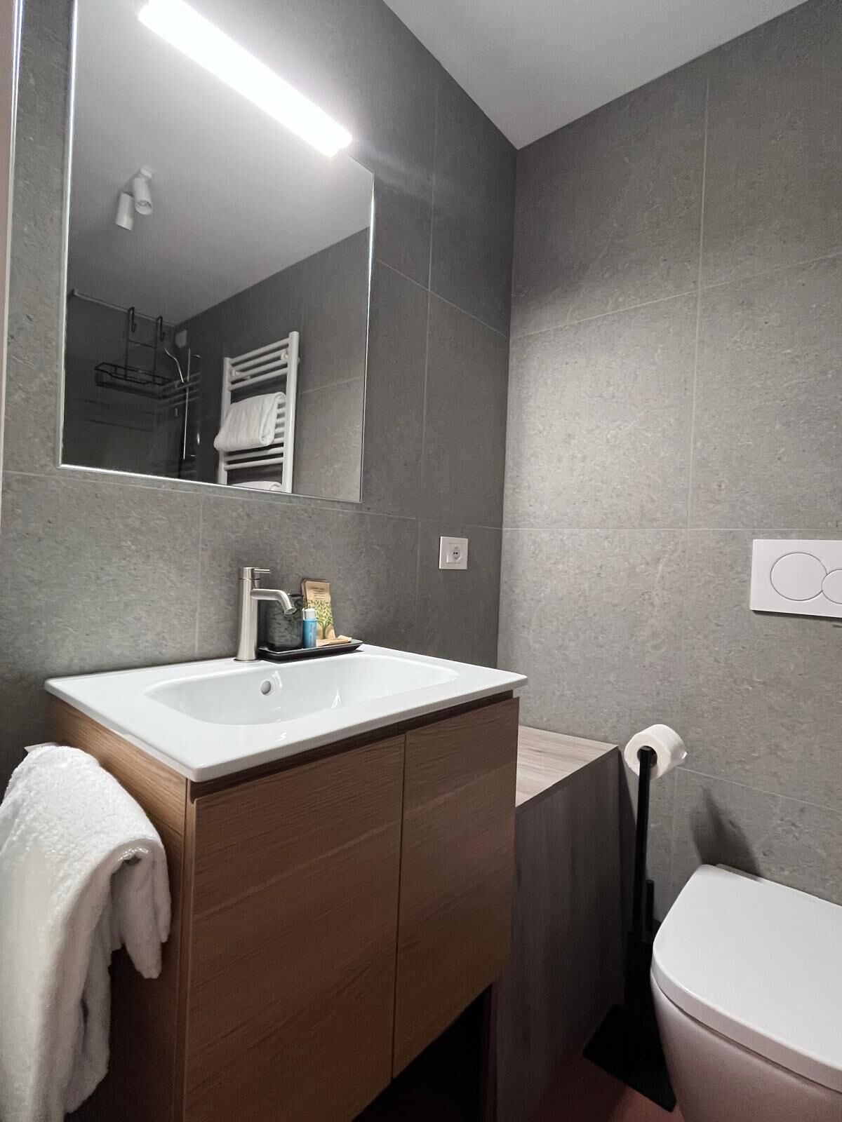 Une salle de bain moderne avec un lavabo blanc, un meuble-lavabo en bois et des toilettes.