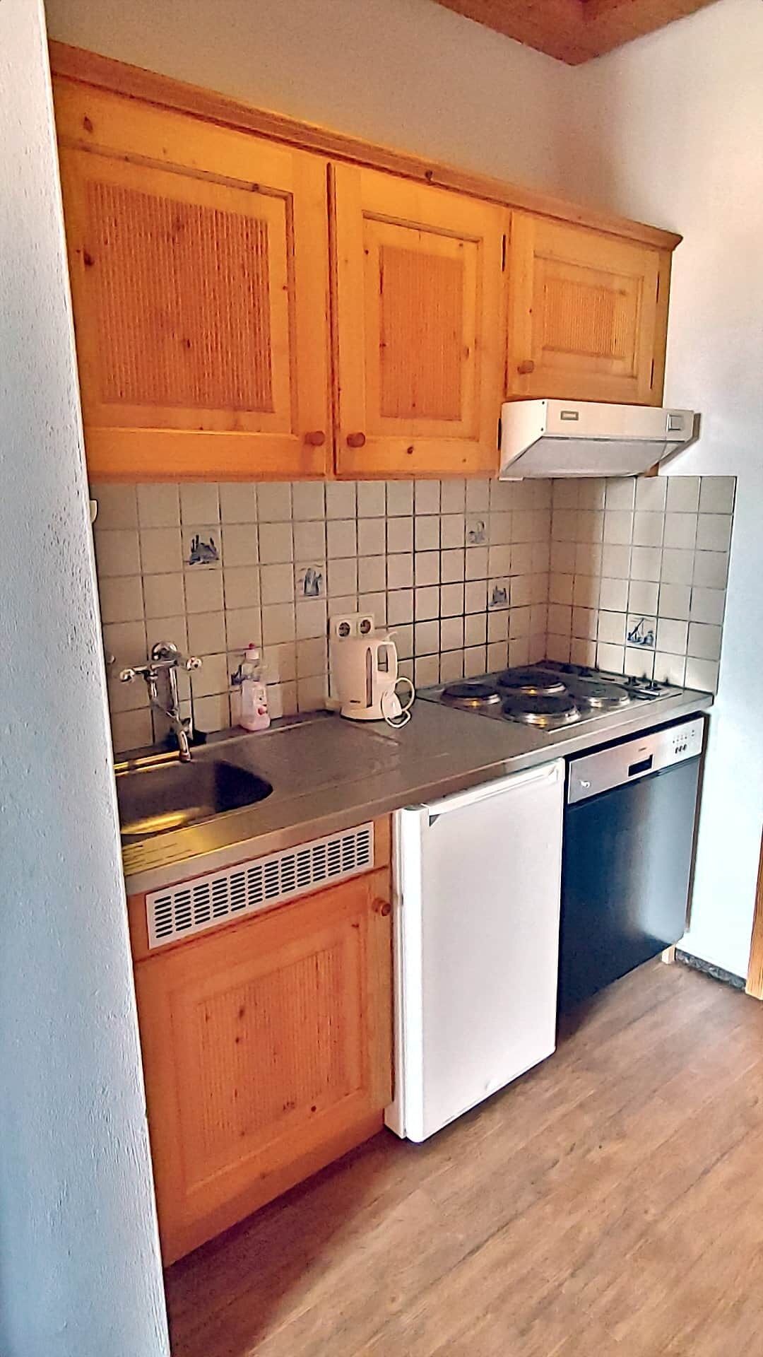 A compact kitchen with wooden cabinets, a tiled backsplash, a stove, a sink, and a built-in dishwasher.