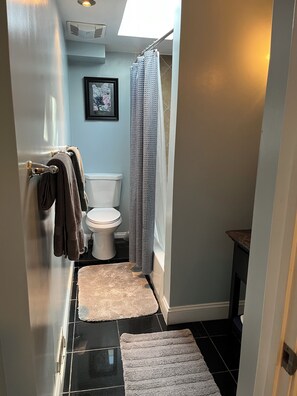 Hair dryer, towels, soap, toilet paper