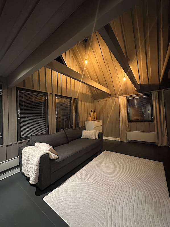 A cozy living room with a dark grey sofa, a white rug, and wooden panel walls. - Shaman Village - Resort & Glass Igloos (Rovaniemi)