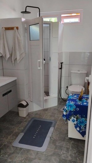 Ducha, secador de pelo, toallas y jabón