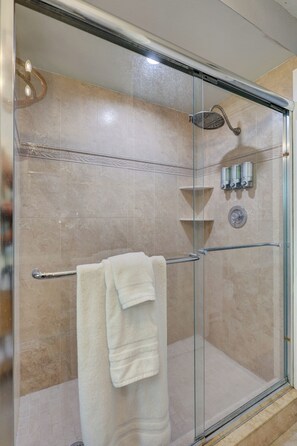 Hair dryer, towels, soap, toilet paper