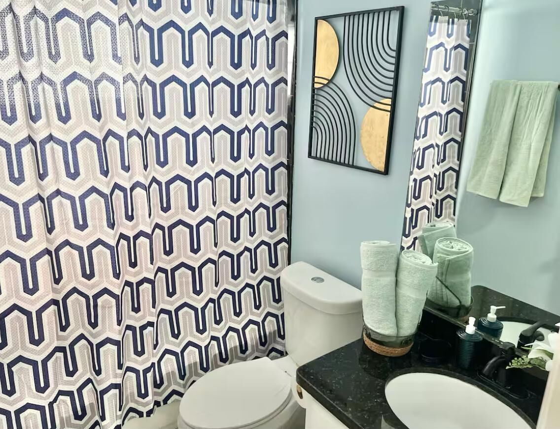 A bathroom with a geometric patterned shower curtain, a toilet, a sink with toiletries, and a mirror with a decorative frame.
