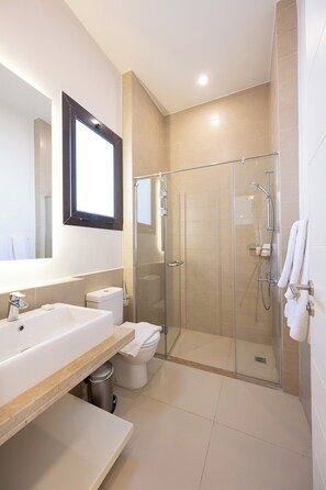 Un baño moderno con ducha de vidrio, un lavabo blanco y un inodoro.