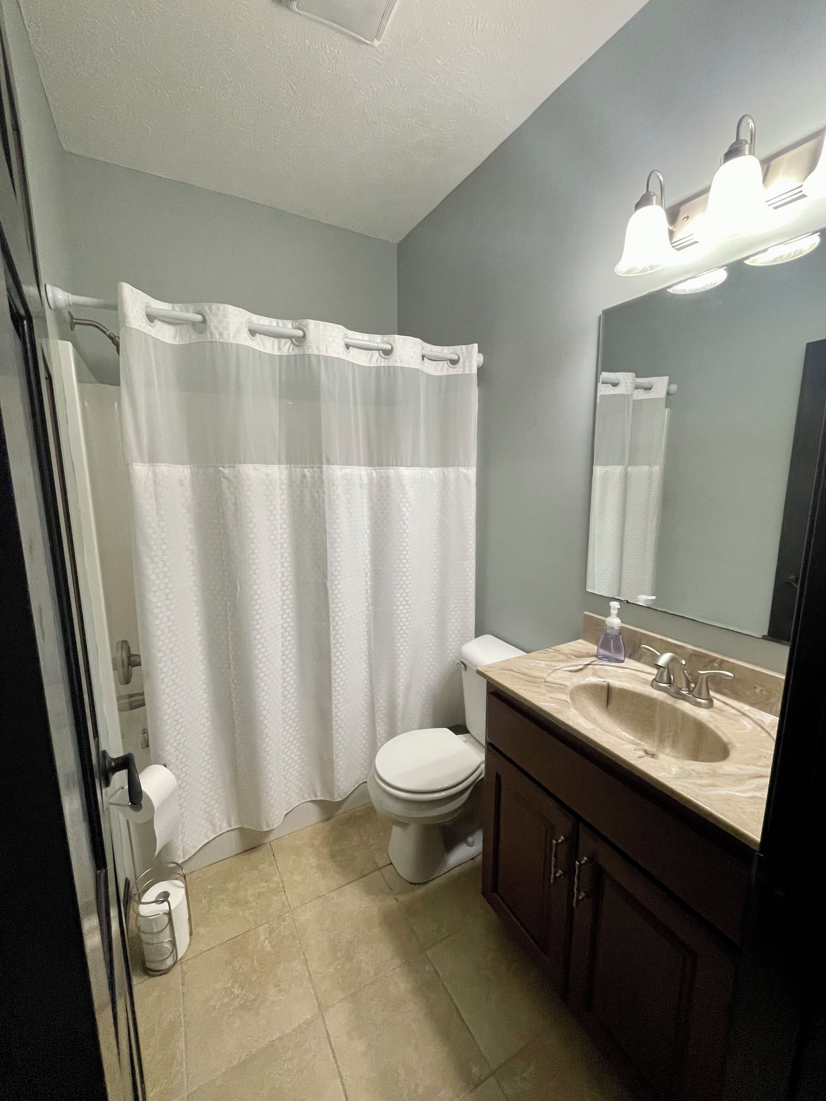 Une salle de bain équipée de toilettes, d’un lavabo, d’un miroir et d’un rideau de douche.