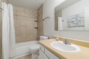 Hair dryer, towels, soap, toilet paper
