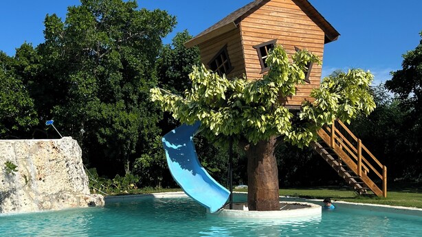 A wooden building with a tree in front, a clear pool, and a blue slide. - 3-bedroom house in delightful Punta Cana with AC (Punta Cana)