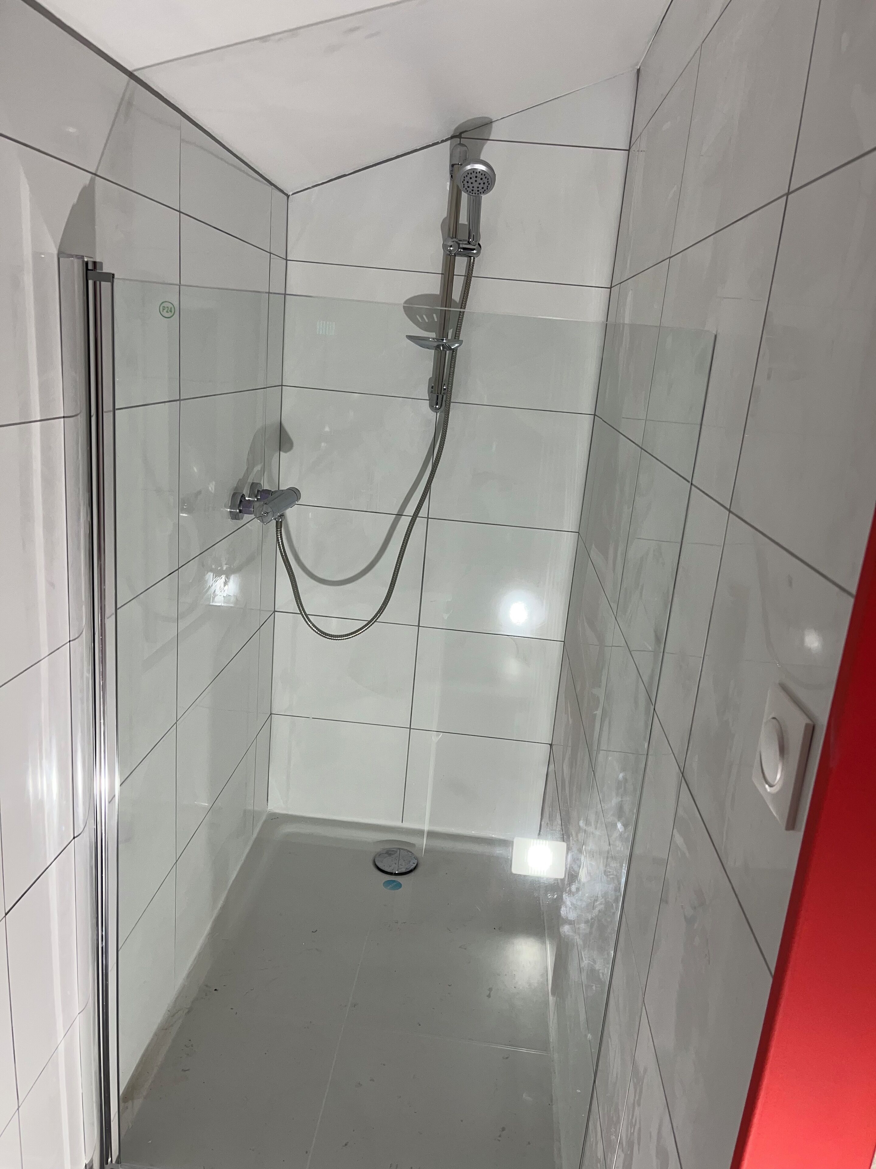 A small, tiled shower room with a glass door and a showerhead.